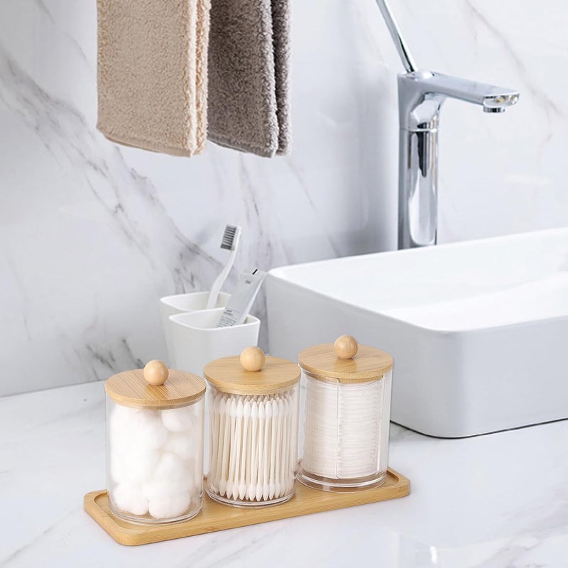 Tbestmax 10 oz Qtip Holder with Vanity Tray, 3 Pack Cotton Swab/Ball/Pad Dispenser Apothecary Jar, Clear Bathroom Containers Dispenser for Storage Bamboo Lids - Image 4